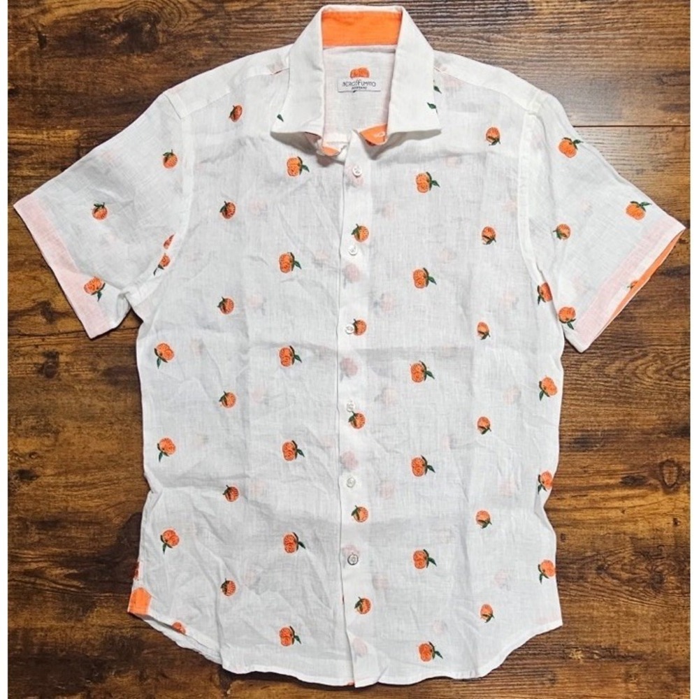 NeroSFumato Positano Italian Womens Button White Shirt Orange AOP Size L